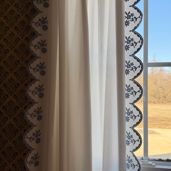 Pottery Barn Teen Ivory Curtain with Midnight Blue Floral Edge - Picture 2 of 6